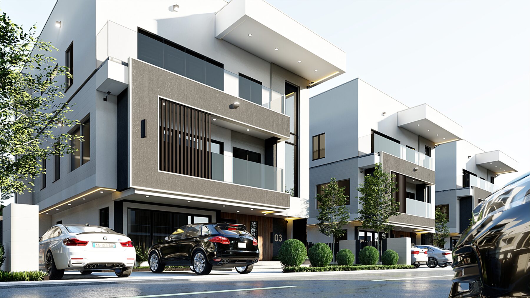 Orchid Estate — contemporary duplexes with balconies along a paved estate road