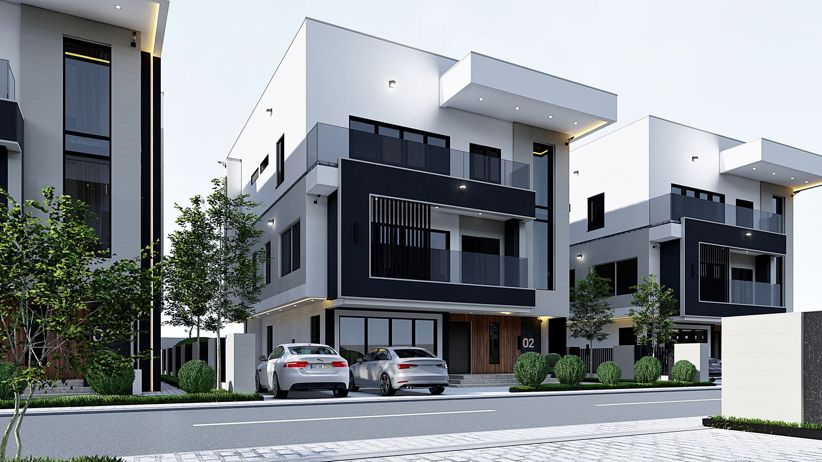 Charcoal and white duplexes with private parking aprons