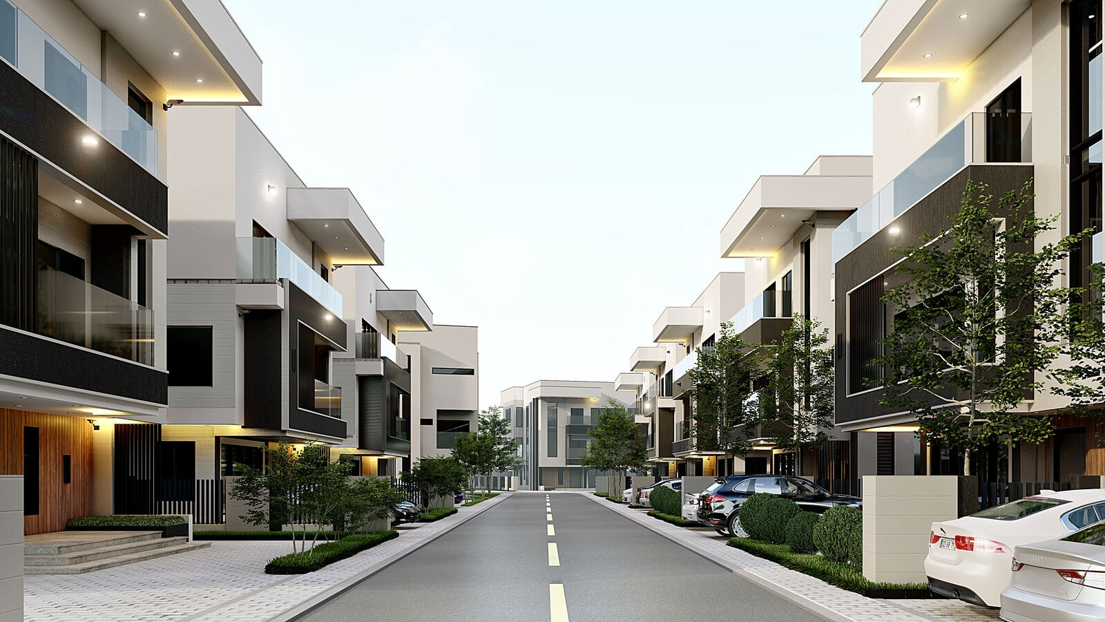Looking down an Oakyard estate street lined with contemporary duplexes